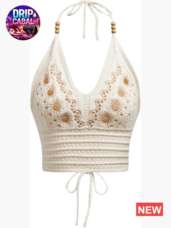 Tops - Crochet Halter Crop Top Boho Tie Back Embroidered Hippie Top